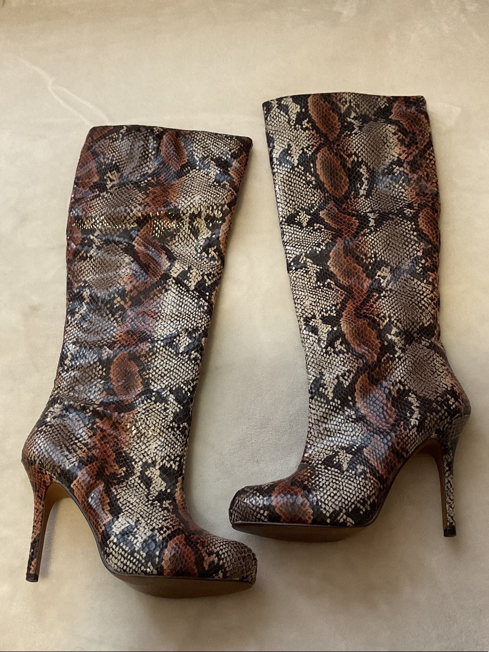 Stuart Weitzman Brown and Black Snake-Print Over-the-Knee Stiletto Boots